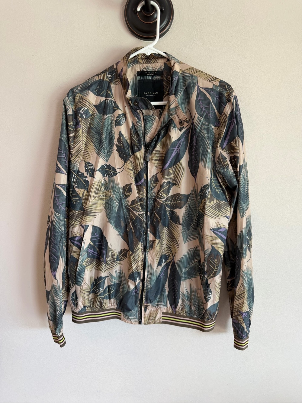 Zara Man Tropical Palm Leaf Print Bomber Jacket Green Tan Full Zip Windbreaker L